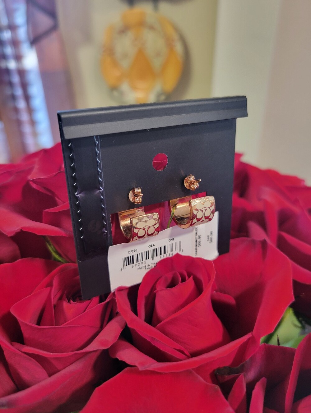 Coach Signature "C" Cream & Rose Gold Hoop Earrings - Picture 2 of 6